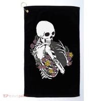 Skeleton Hugging Cat Flowers Skeleton Black Cat Funny Gift Golf Towel thumb 0