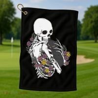 Skeleton Hugging Cat Flowers Skeleton Black Cat Funny Gift Golf Towel thumb 1