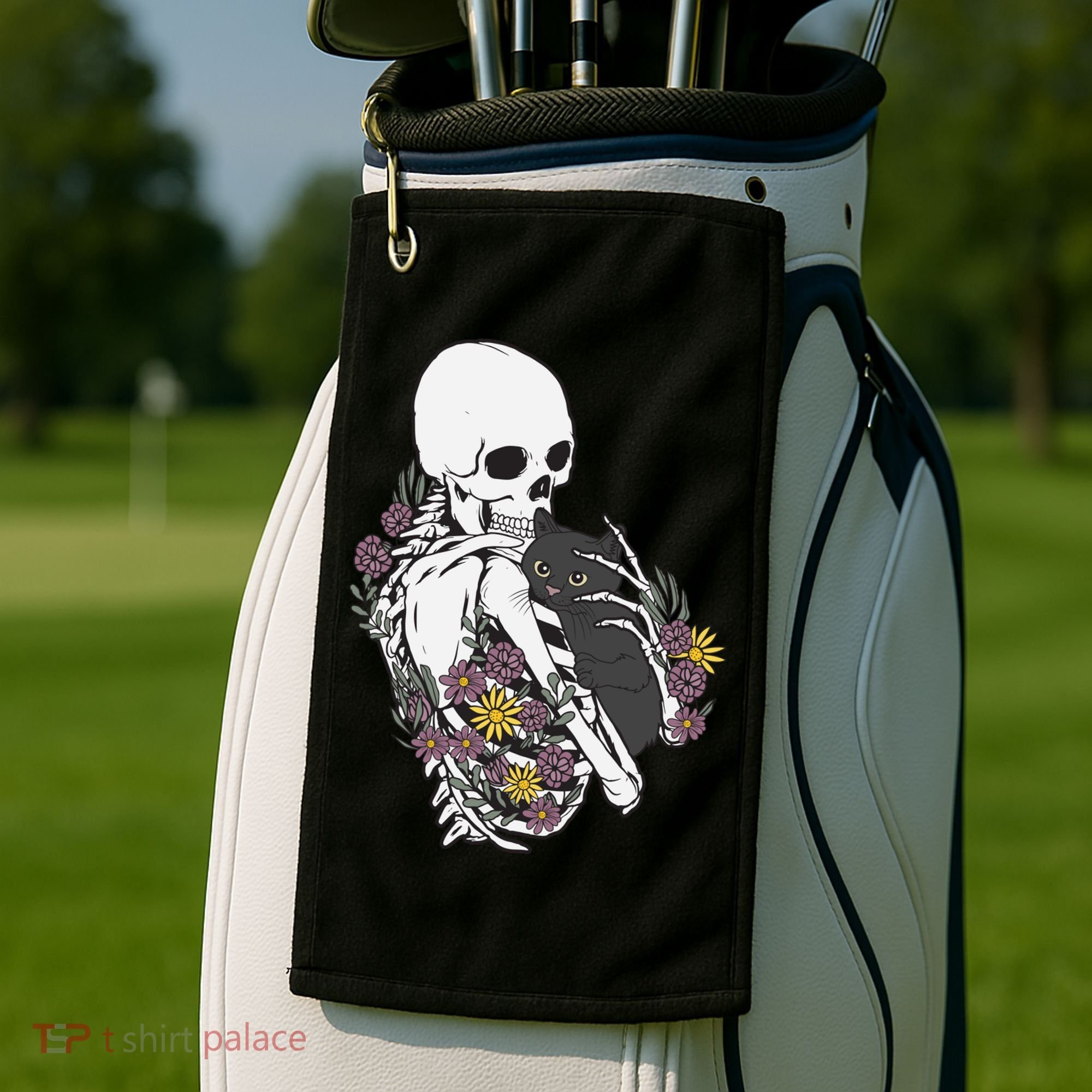Skeleton Hugging Cat Flowers Skeleton Black Cat Funny Gift Golf Towel