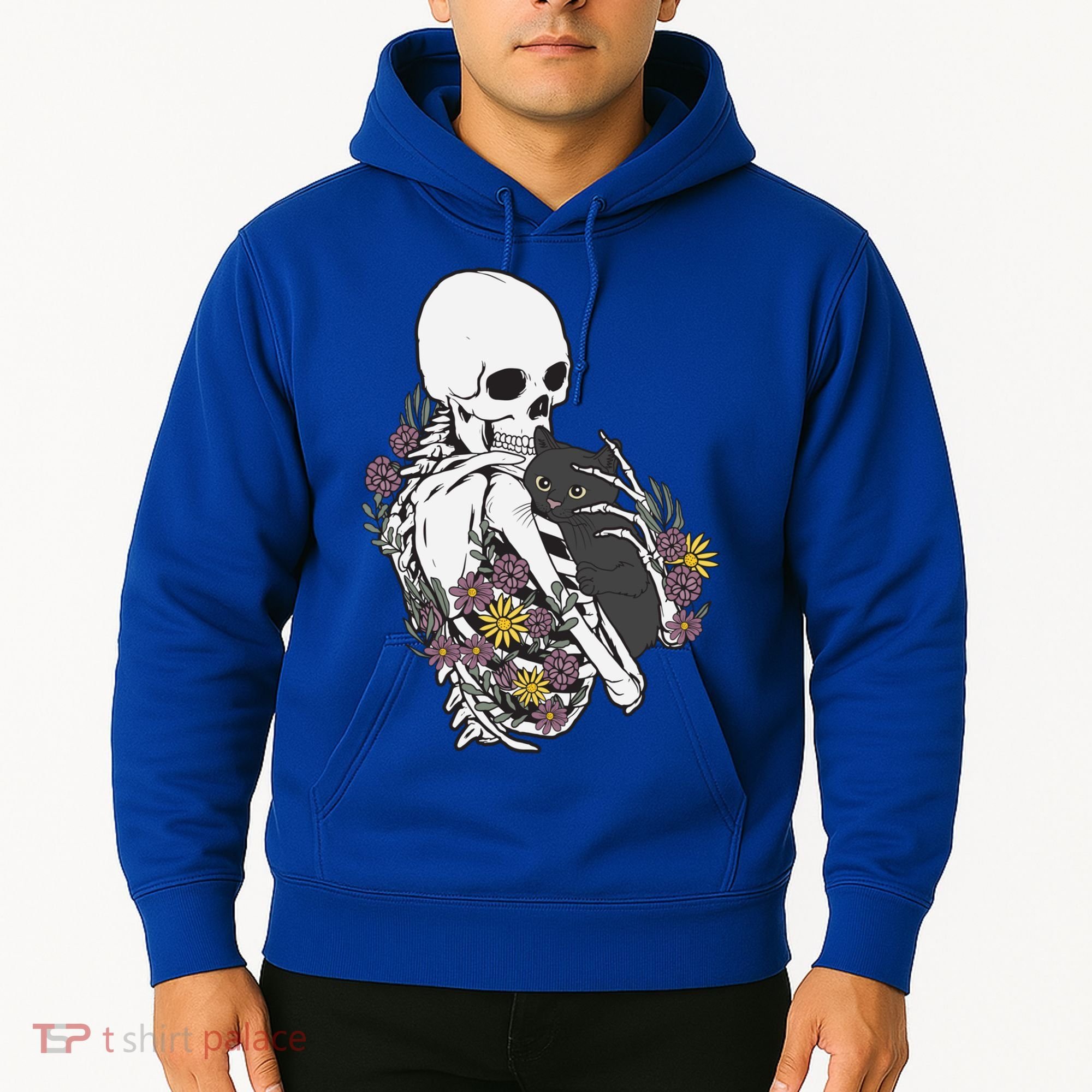 Skeleton Hugging Cat Flowers Skeleton Black Cat Funny Gift Hoodie