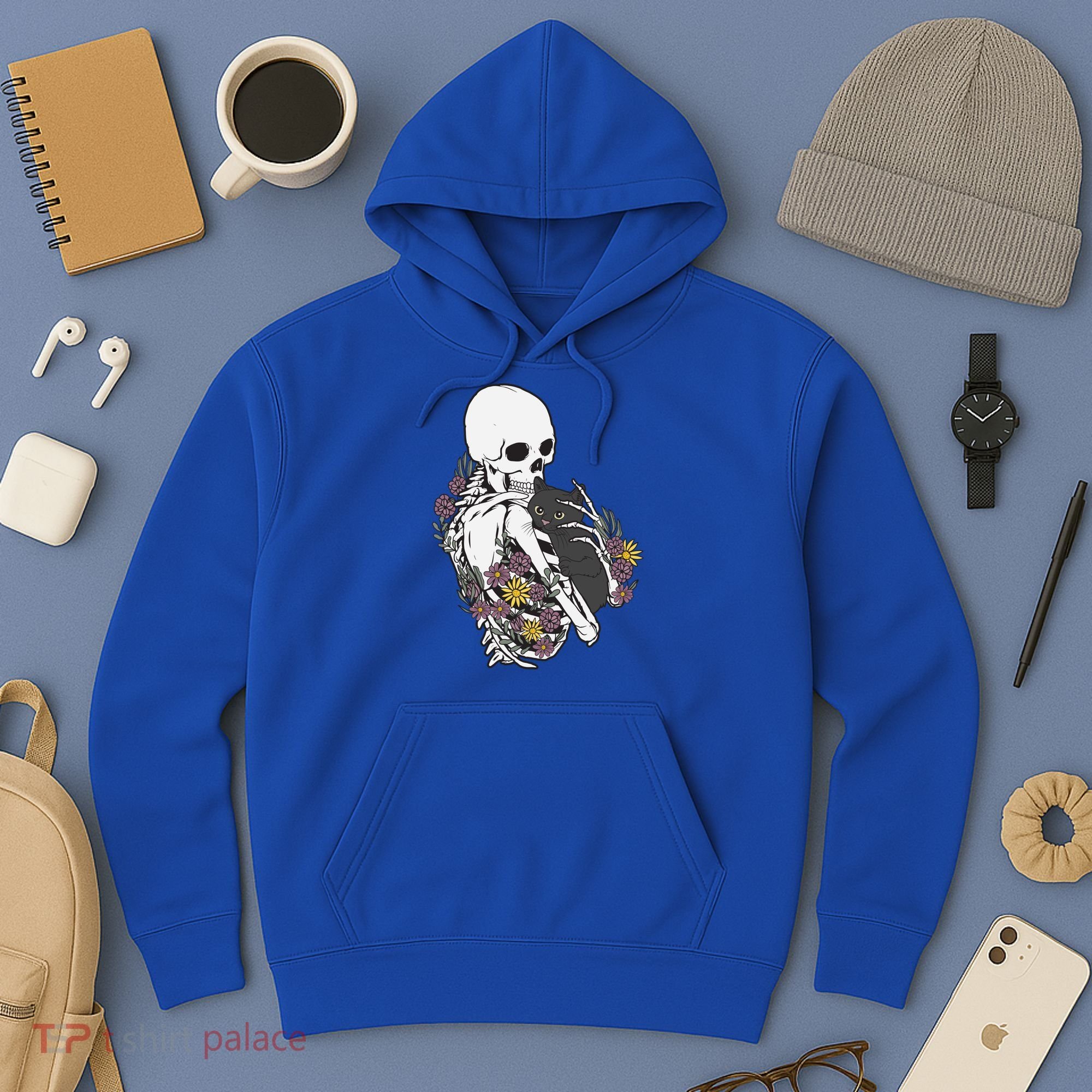 Skeleton Hugging Cat Flowers Skeleton Black Cat Funny Gift Hoodie