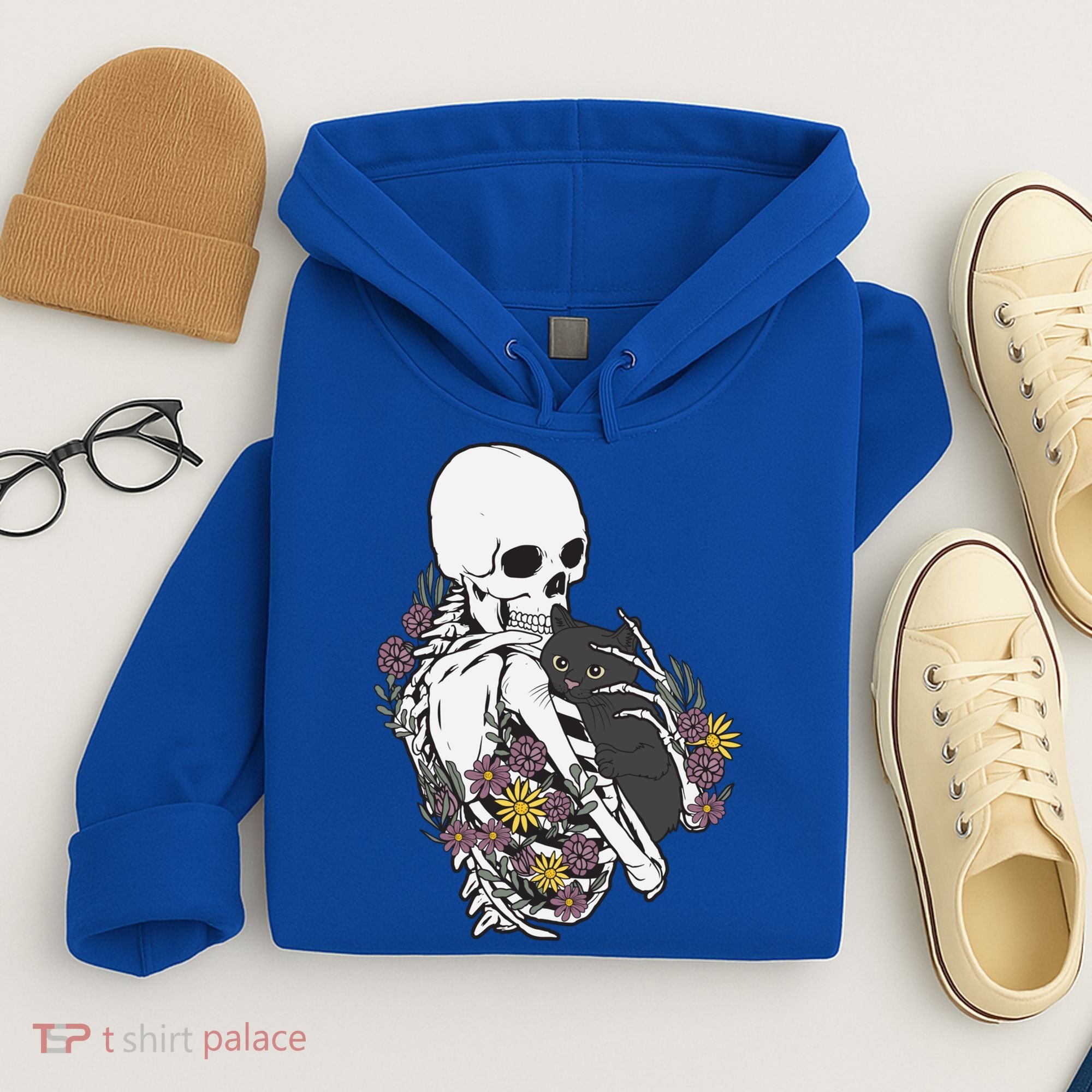 Skeleton Hugging Cat Flowers Skeleton Black Cat Funny Gift Hoodie