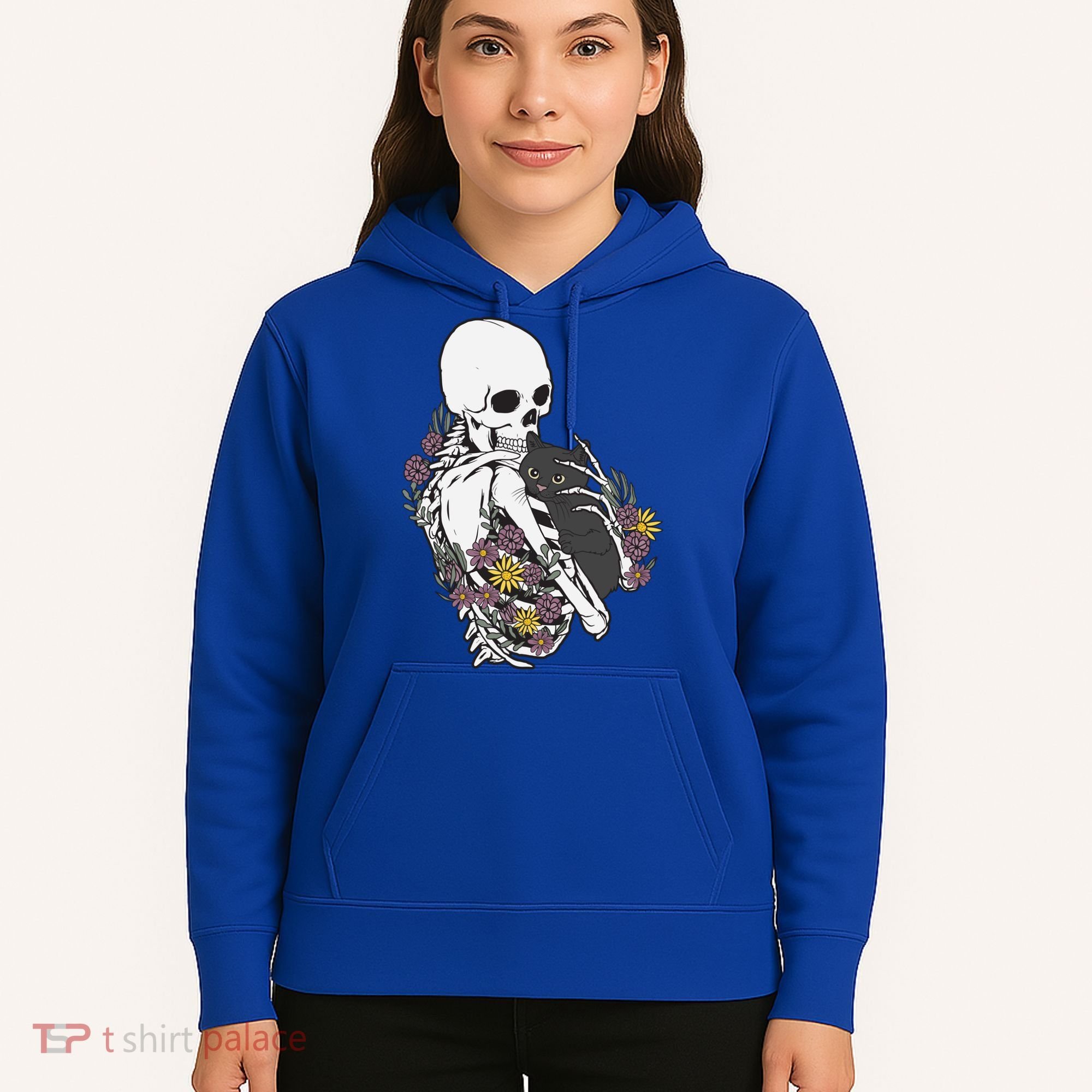 Skeleton Hugging Cat Flowers Skeleton Black Cat Funny Gift Hoodie