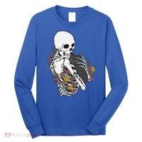 Skeleton Hugging Cat Flowers Skeleton Black Cat Funny Gift Long Sleeve Shirt thumb 0