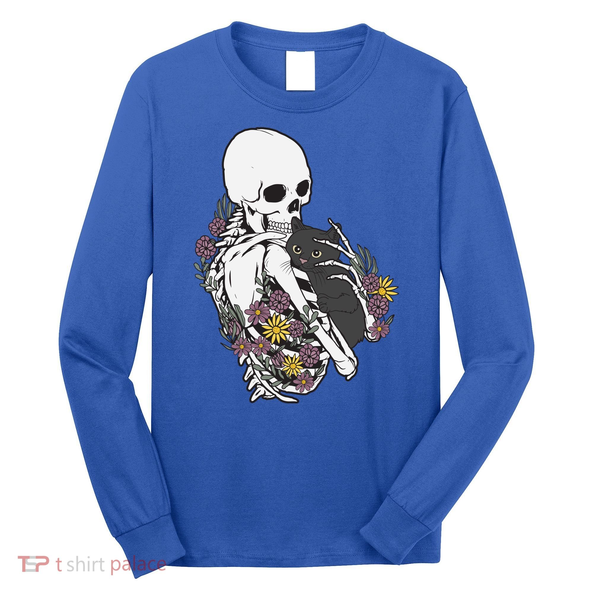 Skeleton Hugging Cat Flowers Skeleton Black Cat Funny Gift Long Sleeve Shirt