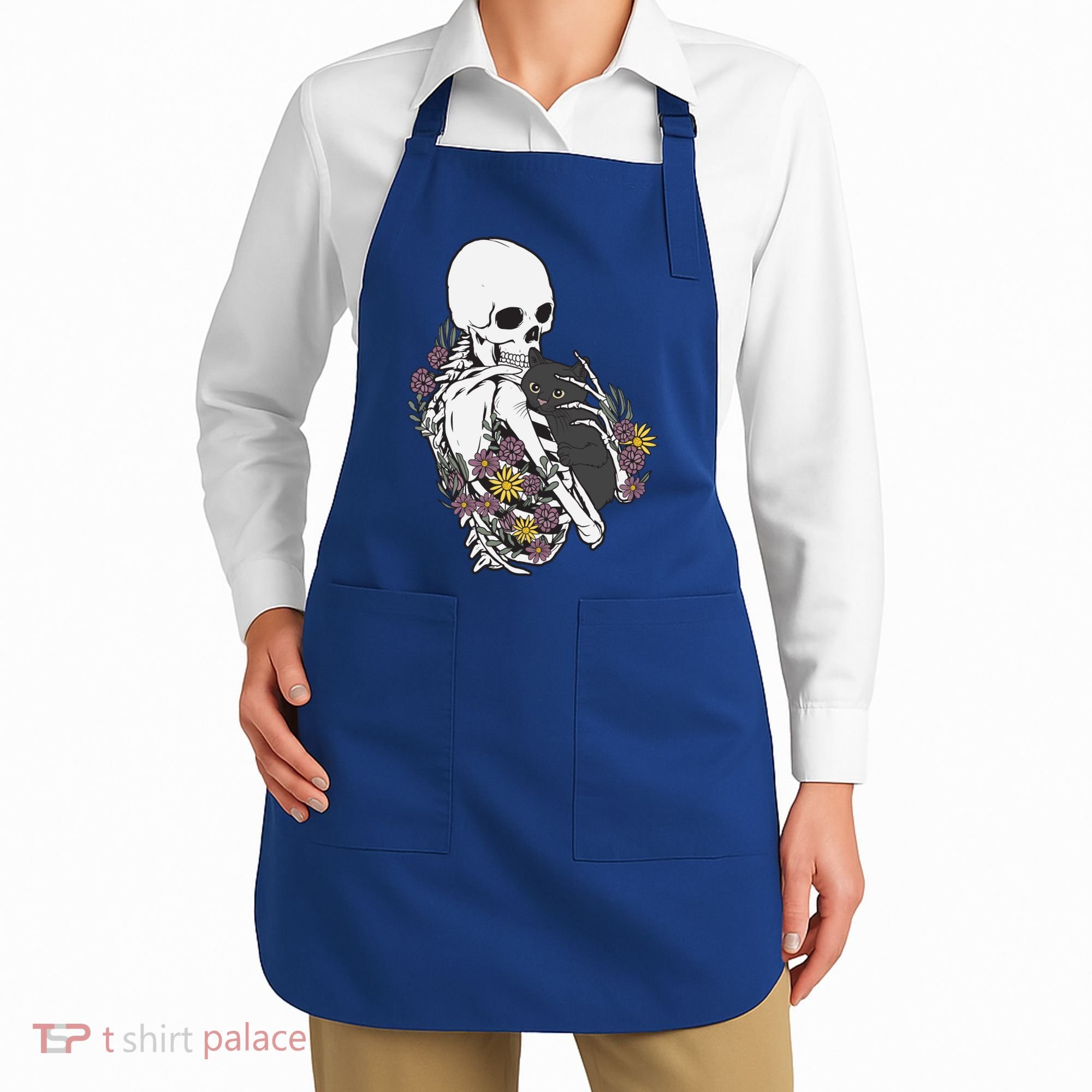 Skeleton Hugging Cat Flowers Skeleton Black Cat Funny Gift Apron