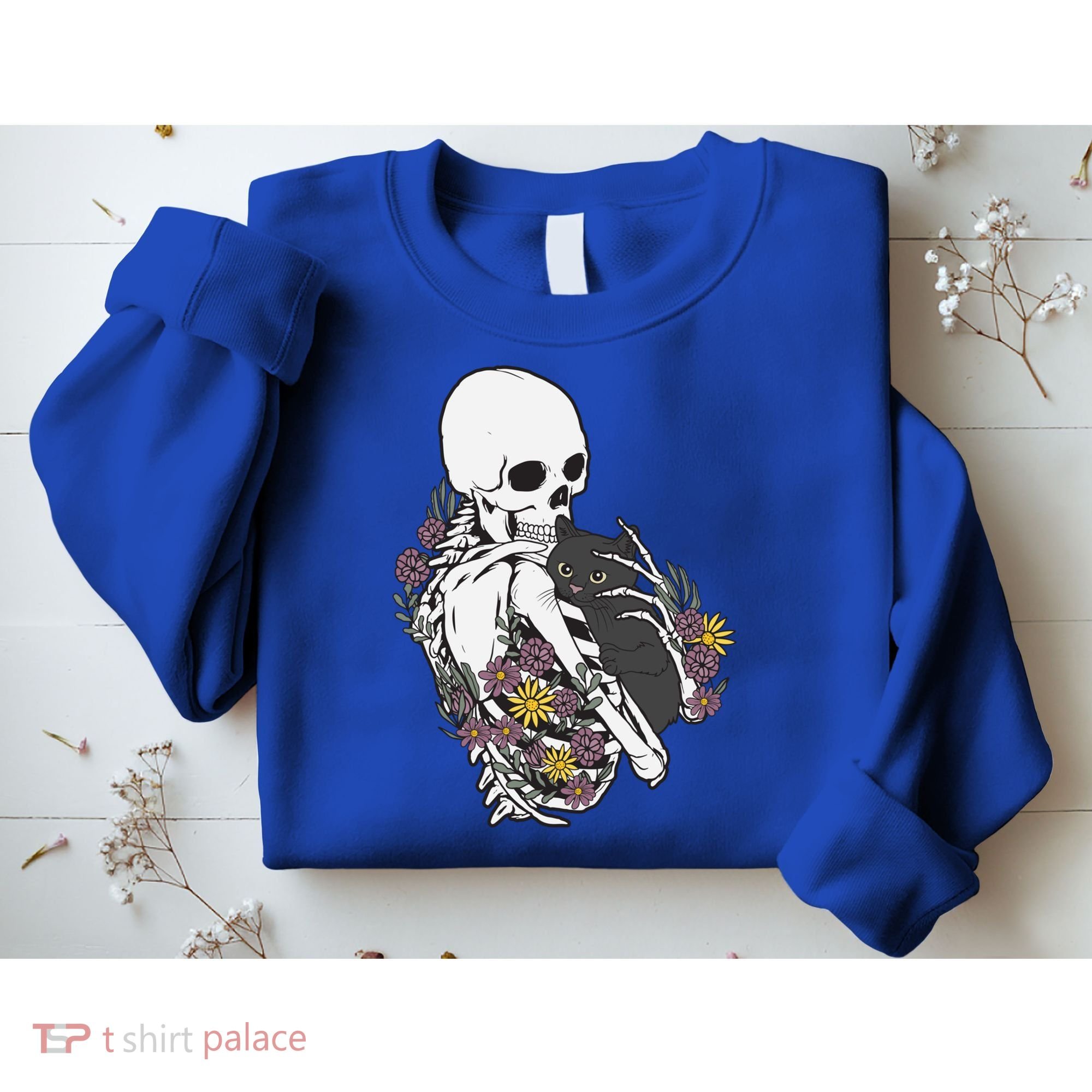 Skeleton Hugging Cat Flowers Skeleton Black Cat Funny Gift Sweatshirt