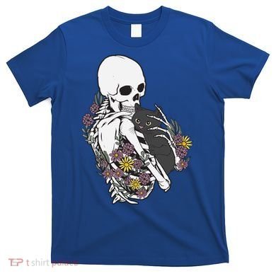 Skeleton Hugging Cat Flowers Skeleton Black Cat Funny Gift T-Shirt