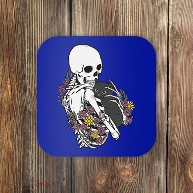 Skeleton Hugging Cat Flowers Skeleton Black Cat Funny Gift Coaster
