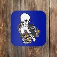 Skeleton Hugging Cat Flowers Skeleton Black Cat Funny Gift Coaster thumb 0