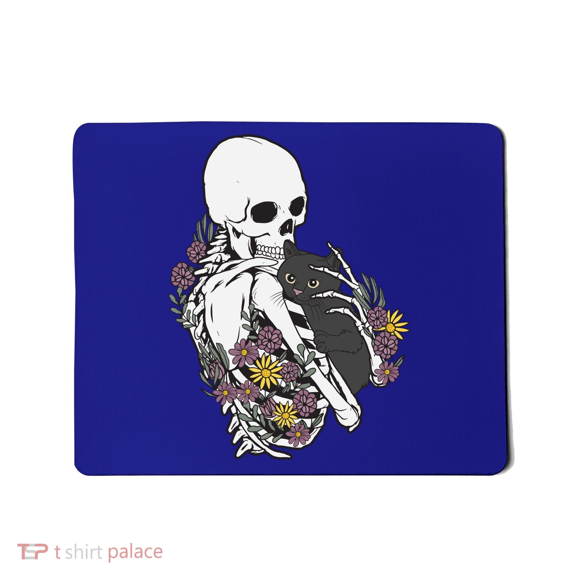 Skeleton Hugging Cat Flowers Skeleton Black Cat Funny Gift Mousepad