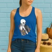 Skeleton Hugging Cat Flowers Skeleton Black Cat Funny Gift Women's Tank Top thumb 2