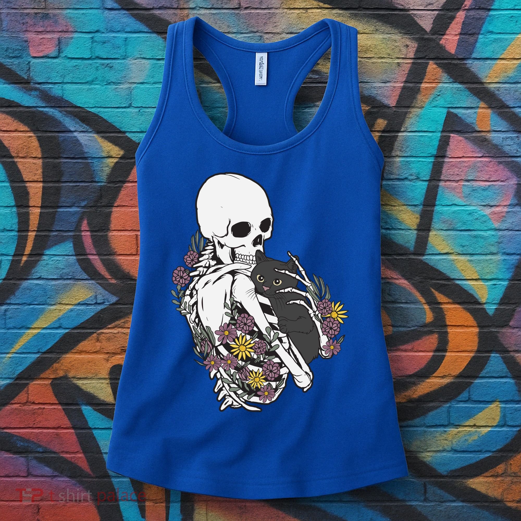 Skeleton Hugging Cat Flowers Skeleton Black Cat Funny Gift Women's Tank Top