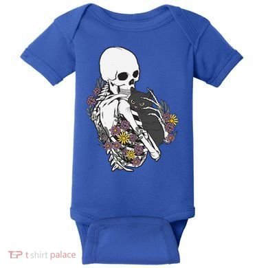 Skeleton Hugging Cat Flowers Skeleton Black Cat Funny Gift Baby Bodysuit
