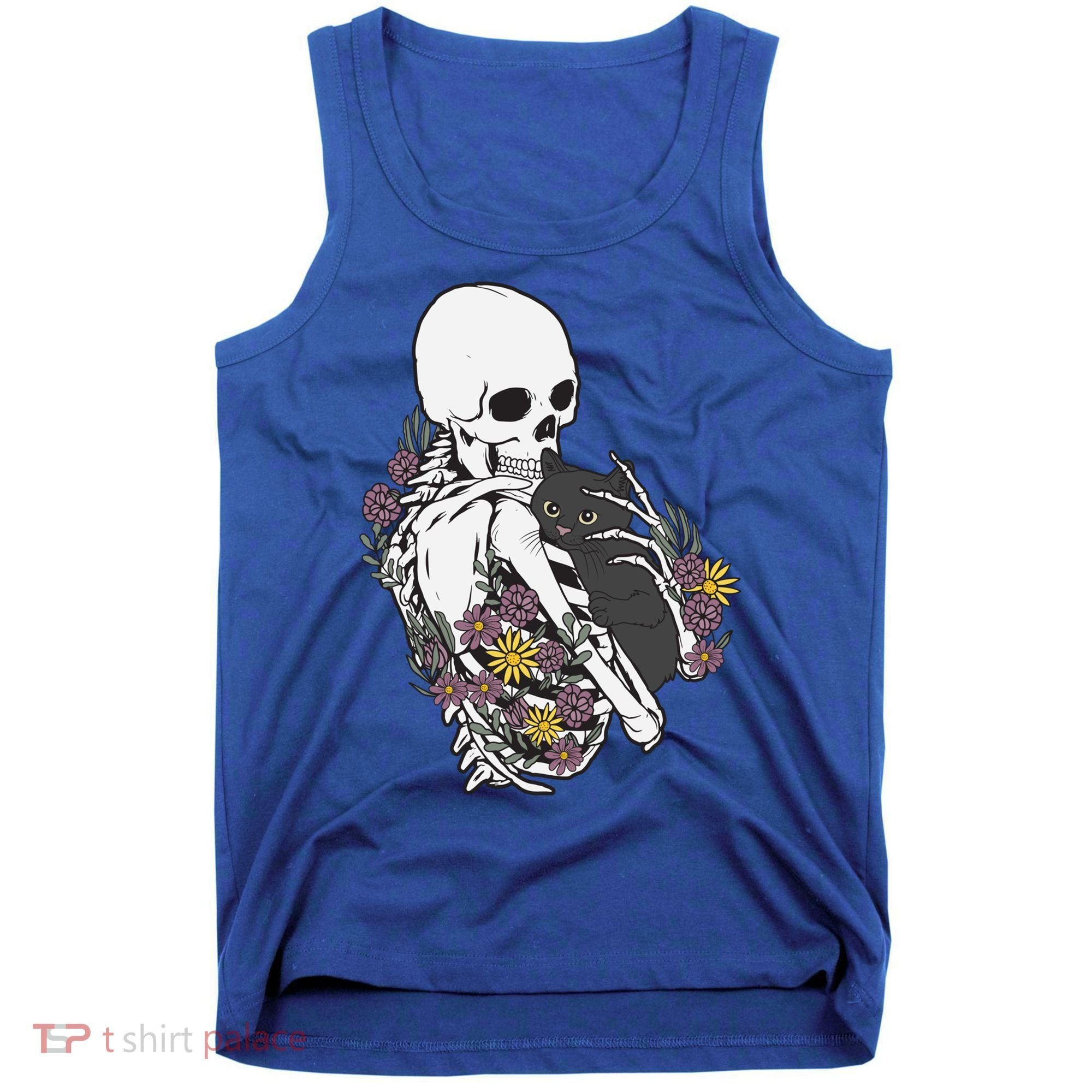 Skeleton Hugging Cat Flowers Skeleton Black Cat Funny Gift Tank Top