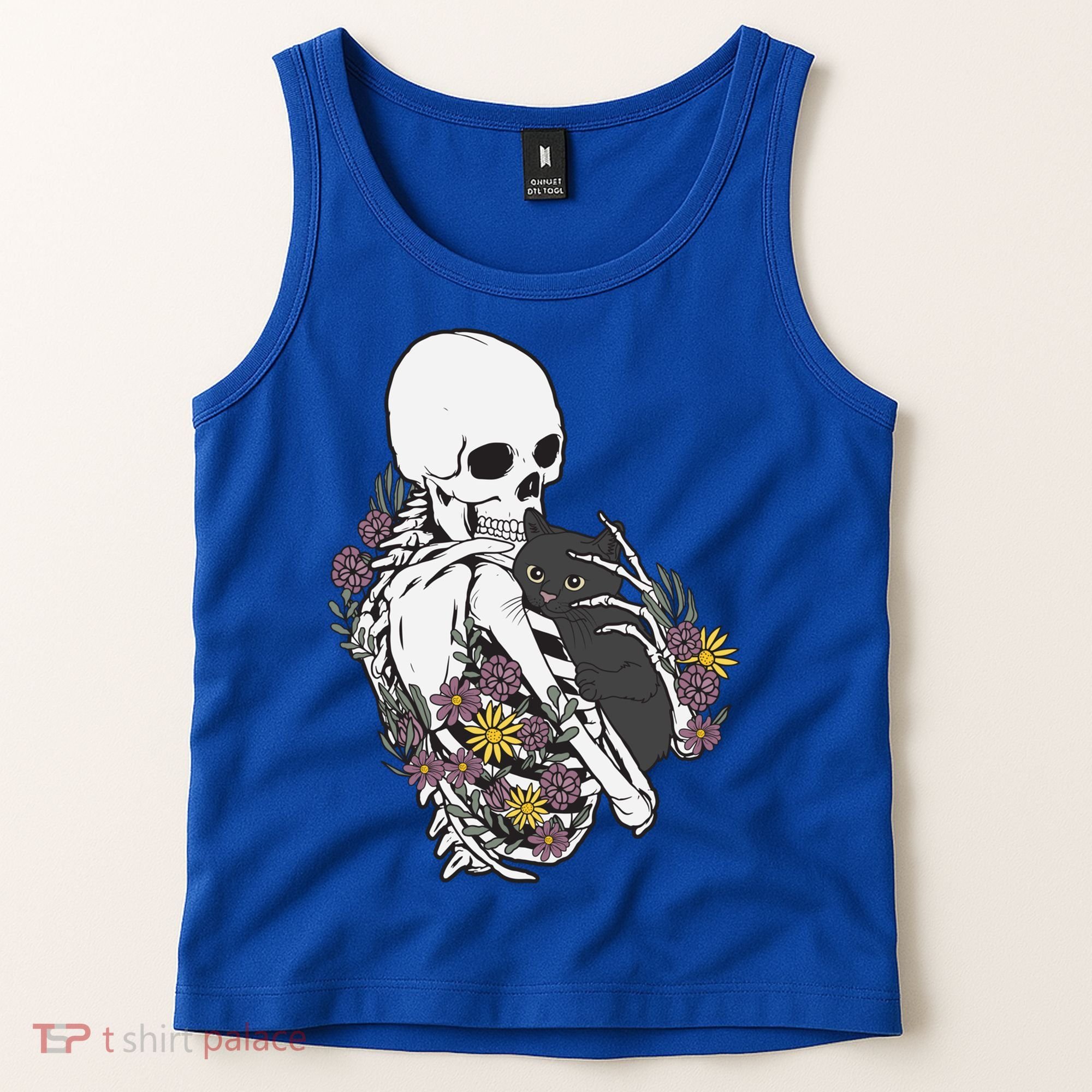 Skeleton Hugging Cat Flowers Skeleton Black Cat Funny Gift Tank Top