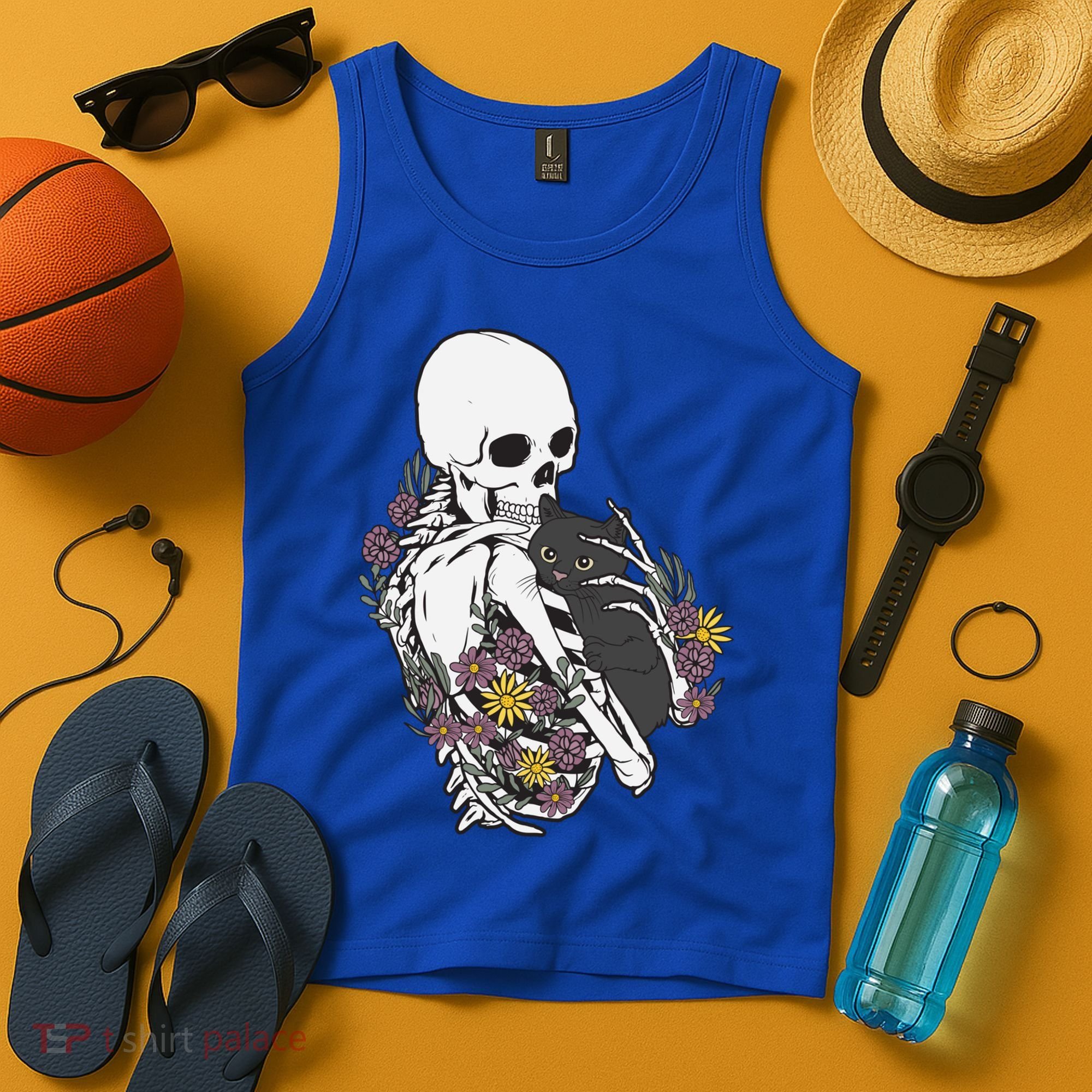 Skeleton Hugging Cat Flowers Skeleton Black Cat Funny Gift Tank Top
