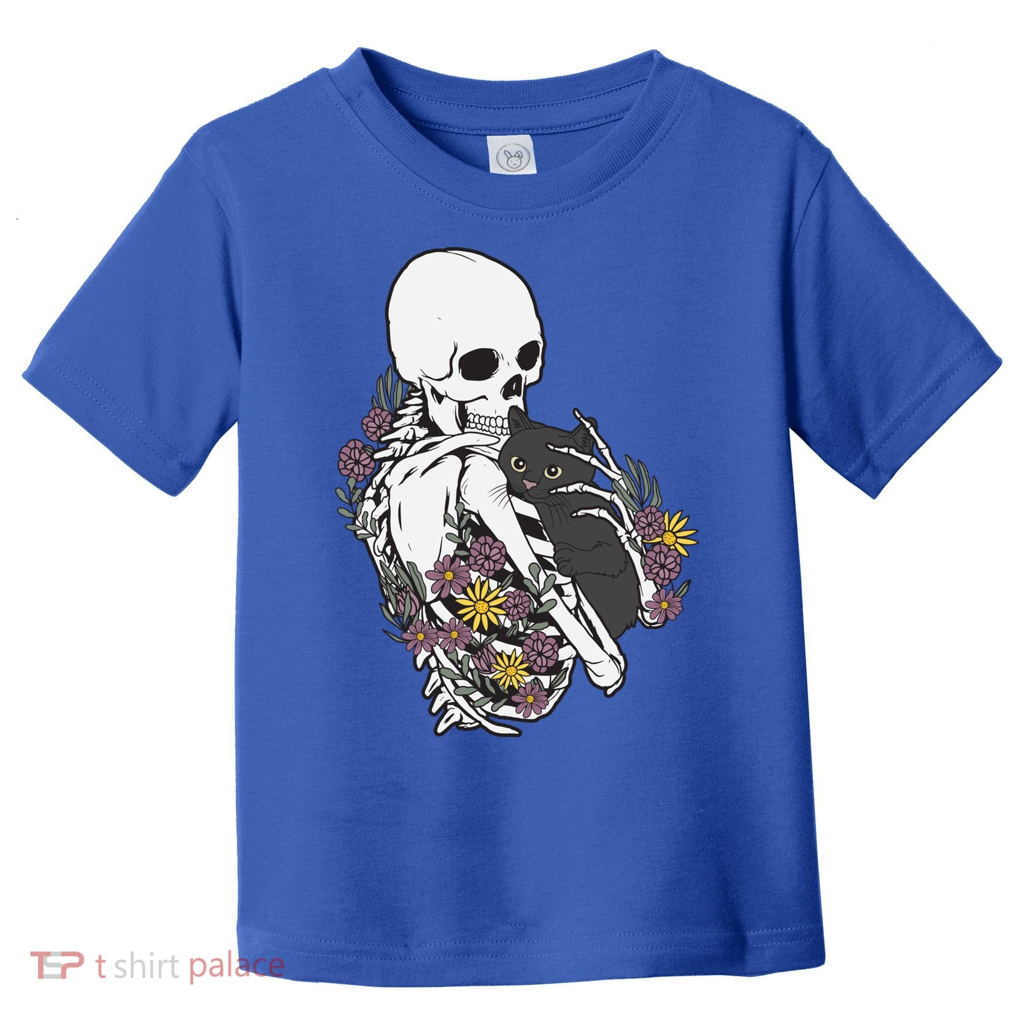 Skeleton Hugging Cat Flowers Skeleton Black Cat Funny Gift Toddler T-Shirt