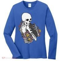 Skeleton Hugging Cat Flowers Skeleton Black Cat Funny Gift Women's Long Sleeve Shirt thumb 0