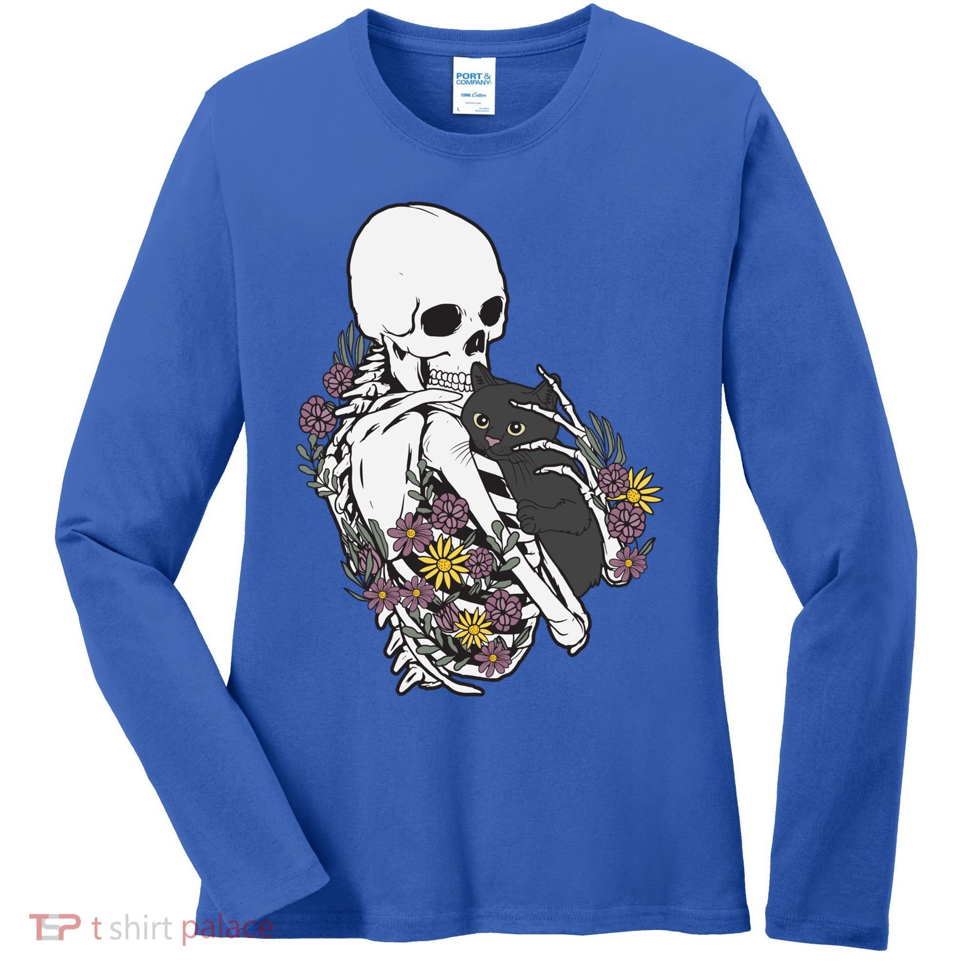 Skeleton Hugging Cat Flowers Skeleton Black Cat Funny Gift Women's Long Sleeve Shirt