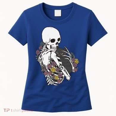 Skeleton Hugging Cat Flowers Skeleton Black Cat Funny Gift Women's T-Shirt