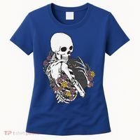 Skeleton Hugging Cat Flowers Skeleton Black Cat Funny Gift Women's T-Shirt thumb 0