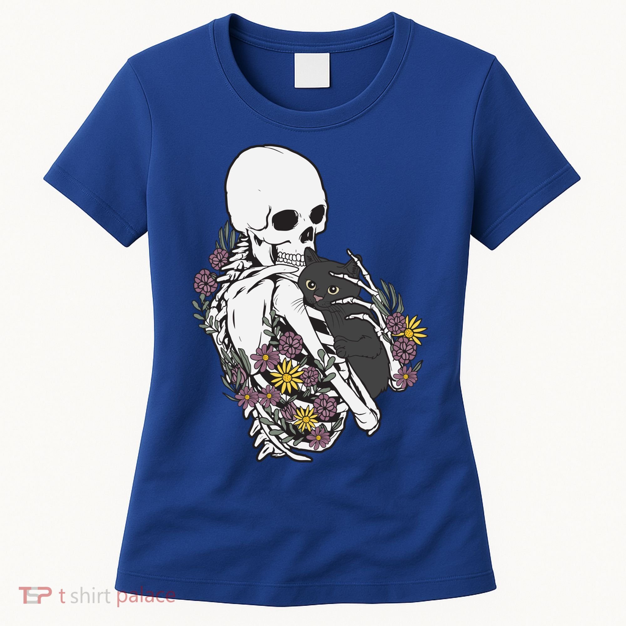 Skeleton Hugging Cat Flowers Skeleton Black Cat Funny Gift Women's T-Shirt