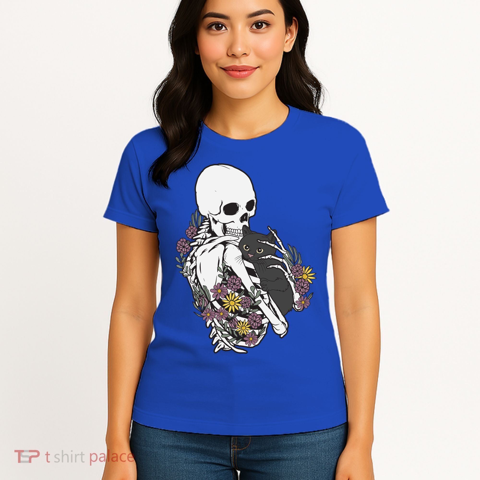 Skeleton Hugging Cat Flowers Skeleton Black Cat Funny Gift Women's T-Shirt