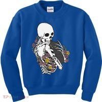 Skeleton Hugging Cat Flowers Skeleton Black Cat Funny Gift Kids Sweatshirt thumb 0