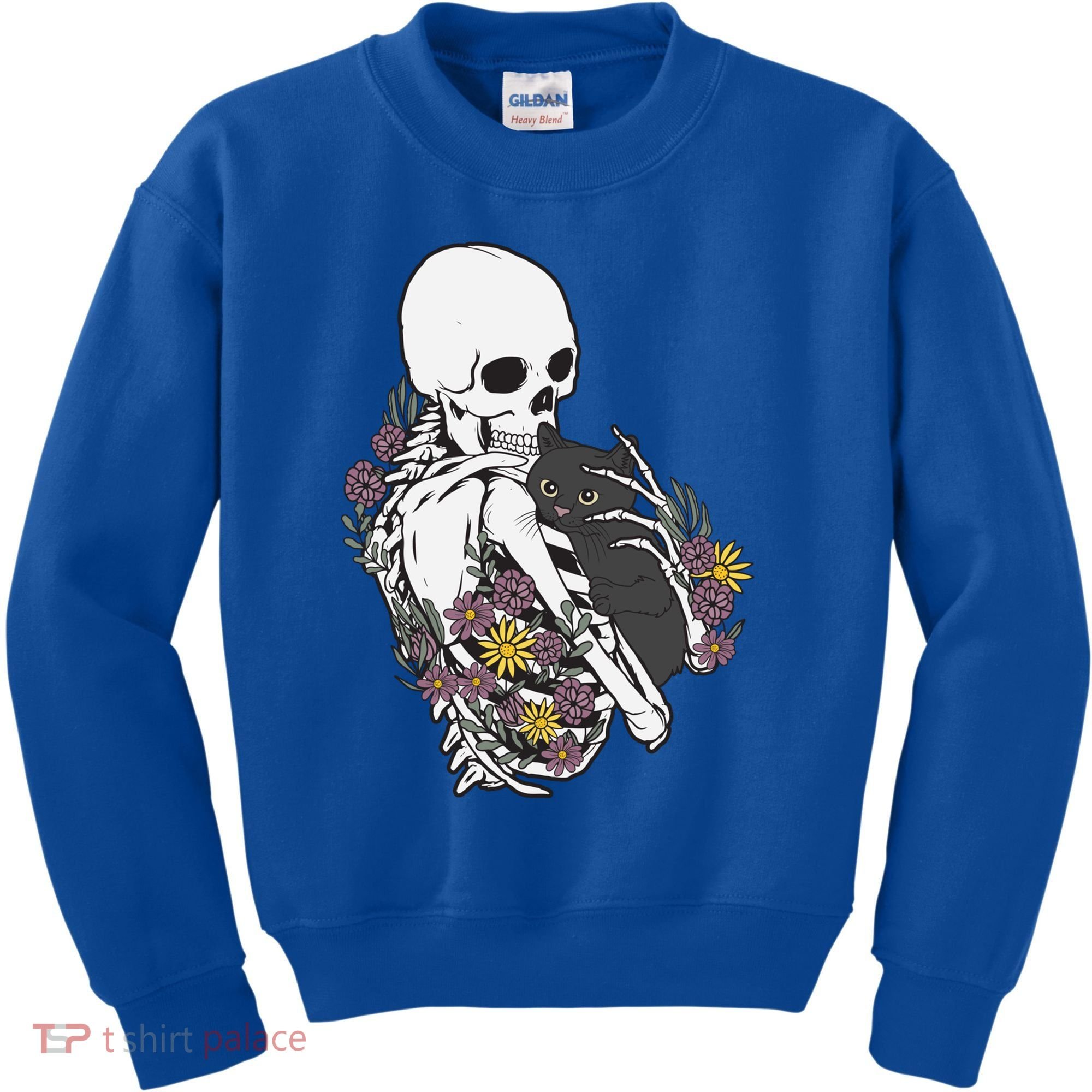 Skeleton Hugging Cat Flowers Skeleton Black Cat Funny Gift Kids Sweatshirt