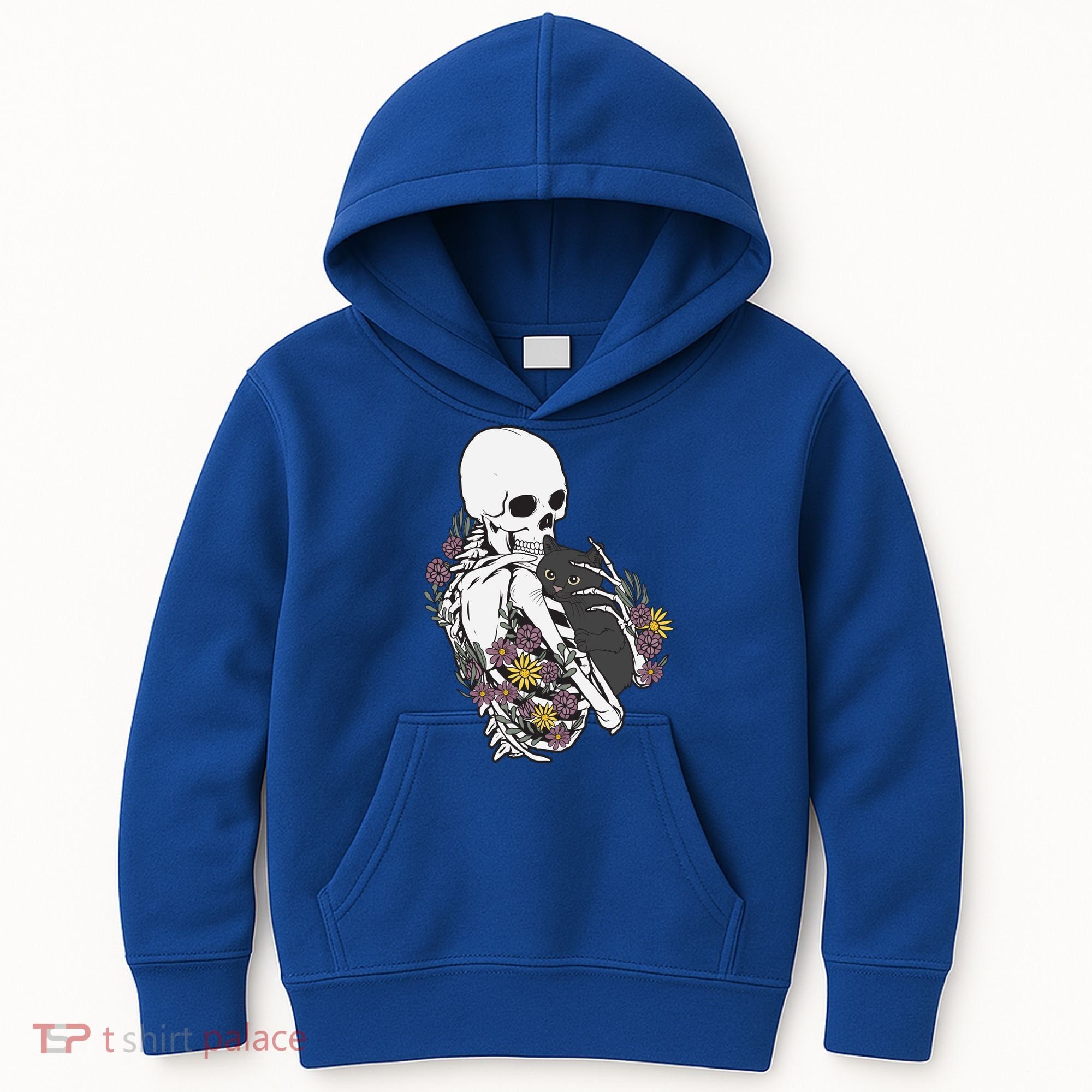Skeleton Hugging Cat Flowers Skeleton Black Cat Funny Gift Kids Hoodie
