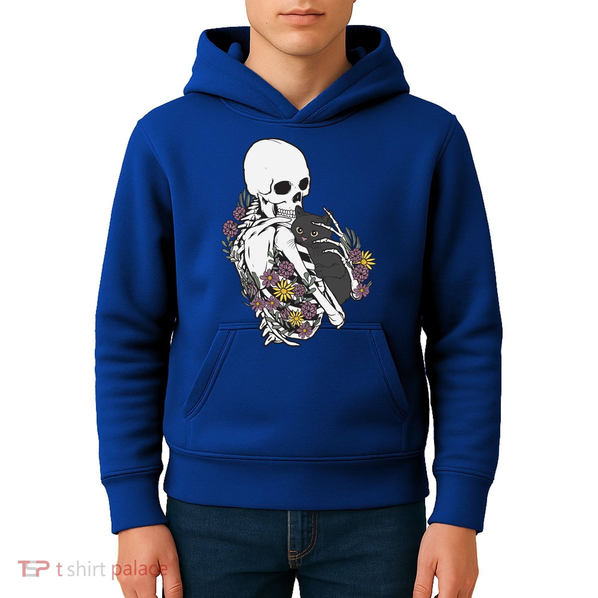 Skeleton Hugging Cat Flowers Skeleton Black Cat Funny Gift Kids Hoodie