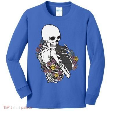 Skeleton Hugging Cat Flowers Skeleton Black Cat Funny Gift Kids Long Sleeve Shirt