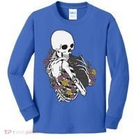 Skeleton Hugging Cat Flowers Skeleton Black Cat Funny Gift Kids Long Sleeve Shirt thumb 0