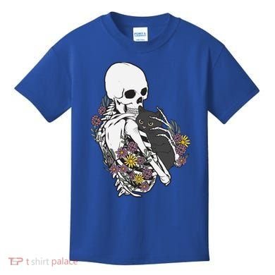 Skeleton Hugging Cat Flowers Skeleton Black Cat Funny Gift Kids T-Shirt