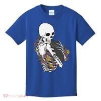 Skeleton Hugging Cat Flowers Skeleton Black Cat Funny Gift Kids T-Shirt thumb 0