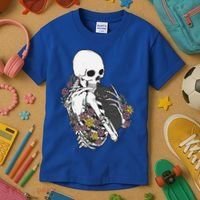 Skeleton Hugging Cat Flowers Skeleton Black Cat Funny Gift Kids T-Shirt thumb 3