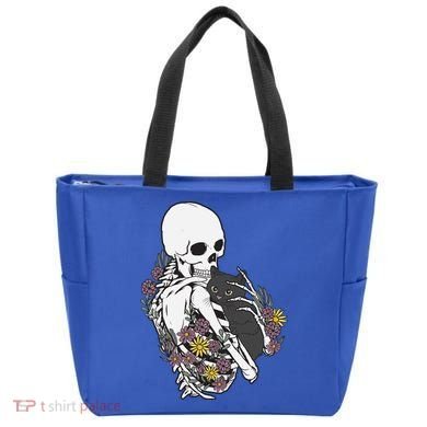 Skeleton Hugging Cat Flowers Skeleton Black Cat Funny Gift Tote Bag