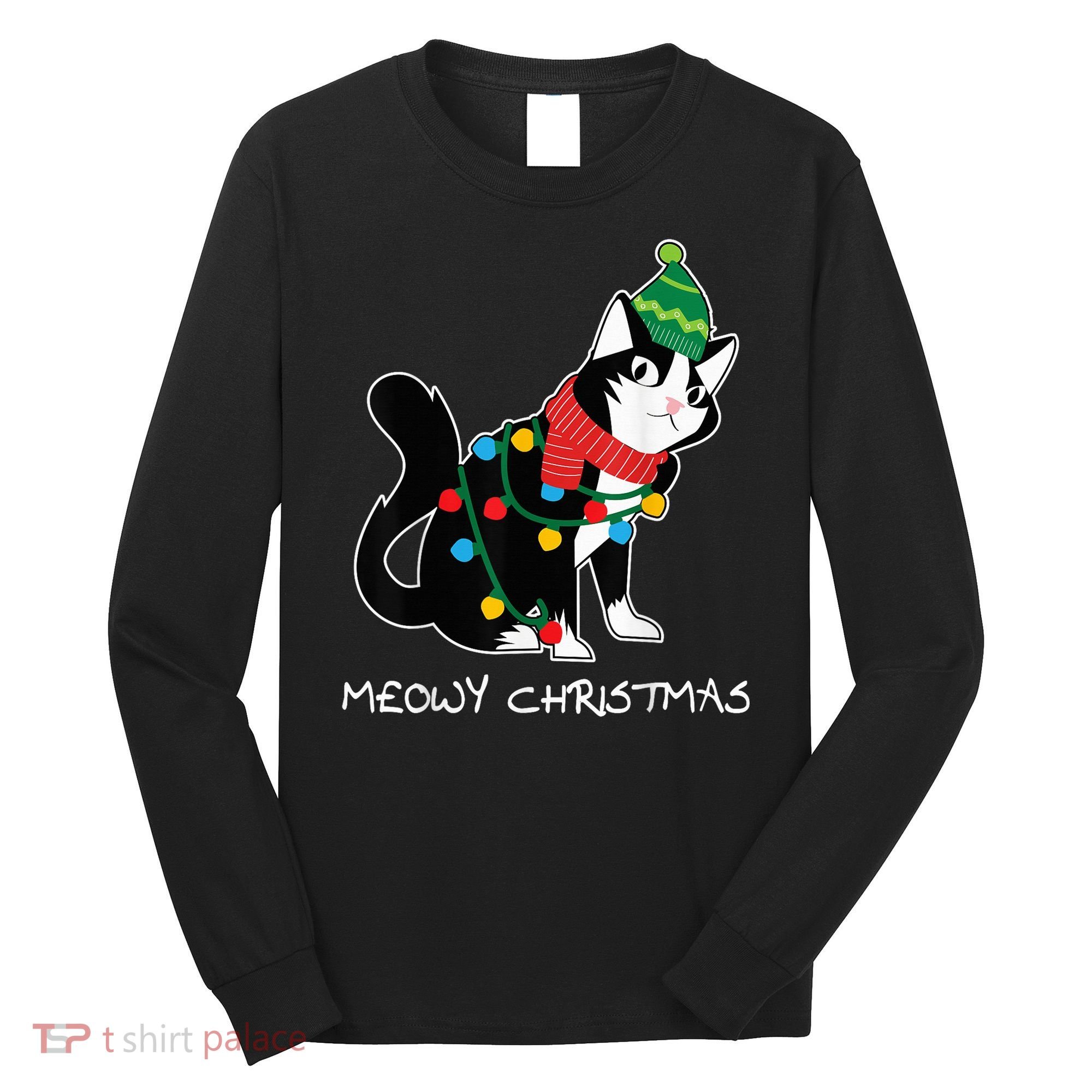 Santa Hat Cat Meowy X-Mas Light Up Funny Christmas Gift Long Sleeve Shirt