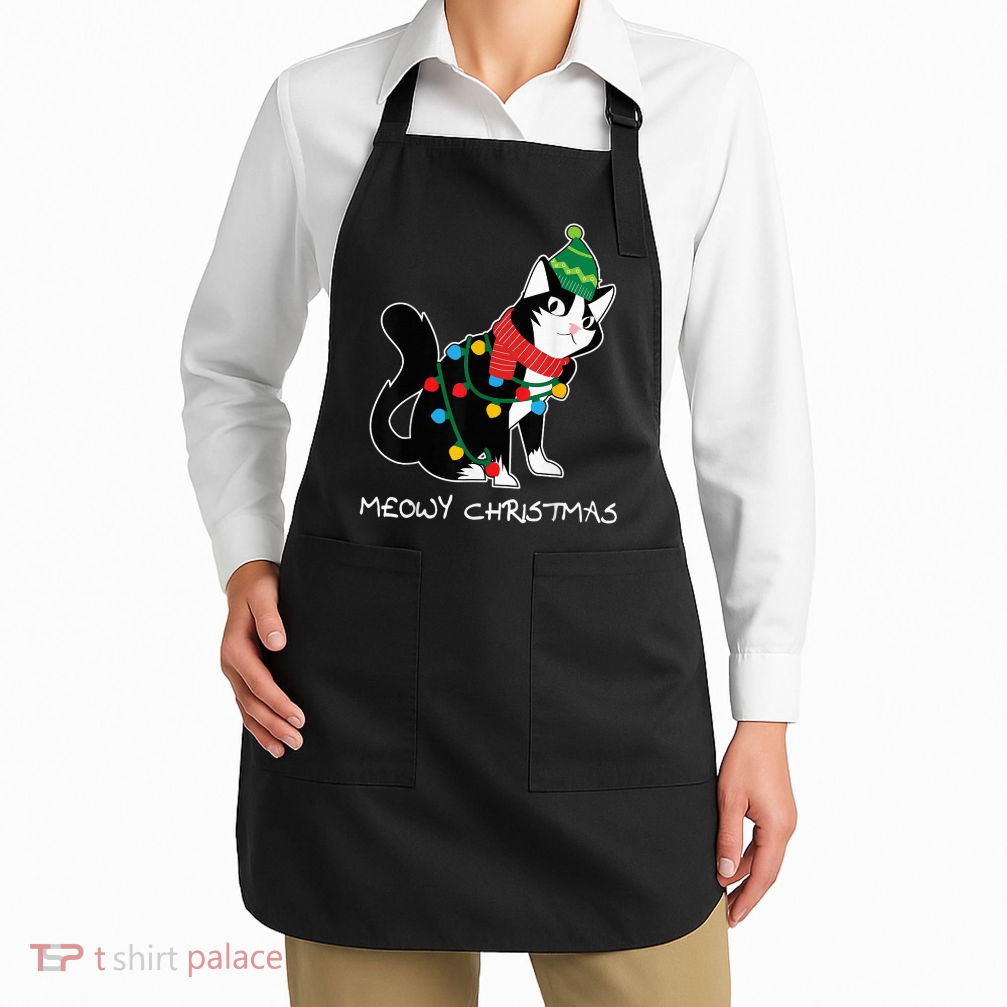 Santa Hat Cat Meowy X-Mas Light Up Funny Christmas Gift Apron