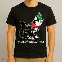 Santa Hat Cat Meowy X-Mas Light Up Funny Christmas Gift T-Shirt thumb 3