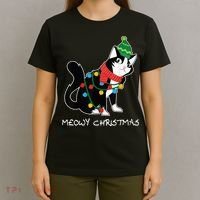 Santa Hat Cat Meowy X-Mas Light Up Funny Christmas Gift T-Shirt thumb 4