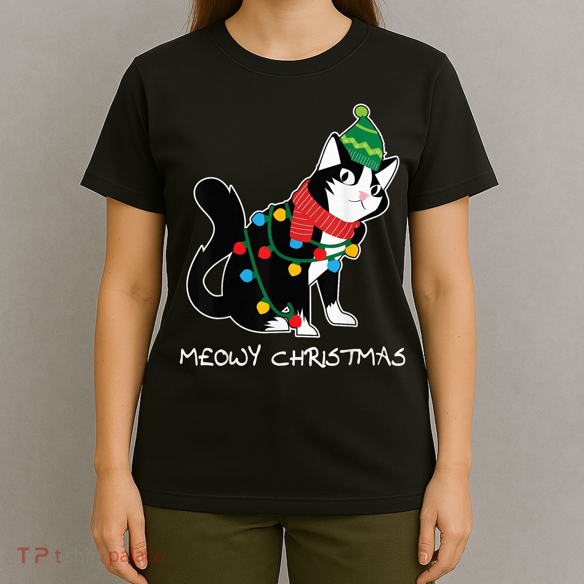 Santa Hat Cat Meowy X-Mas Light Up Funny Christmas Gift T-Shirt