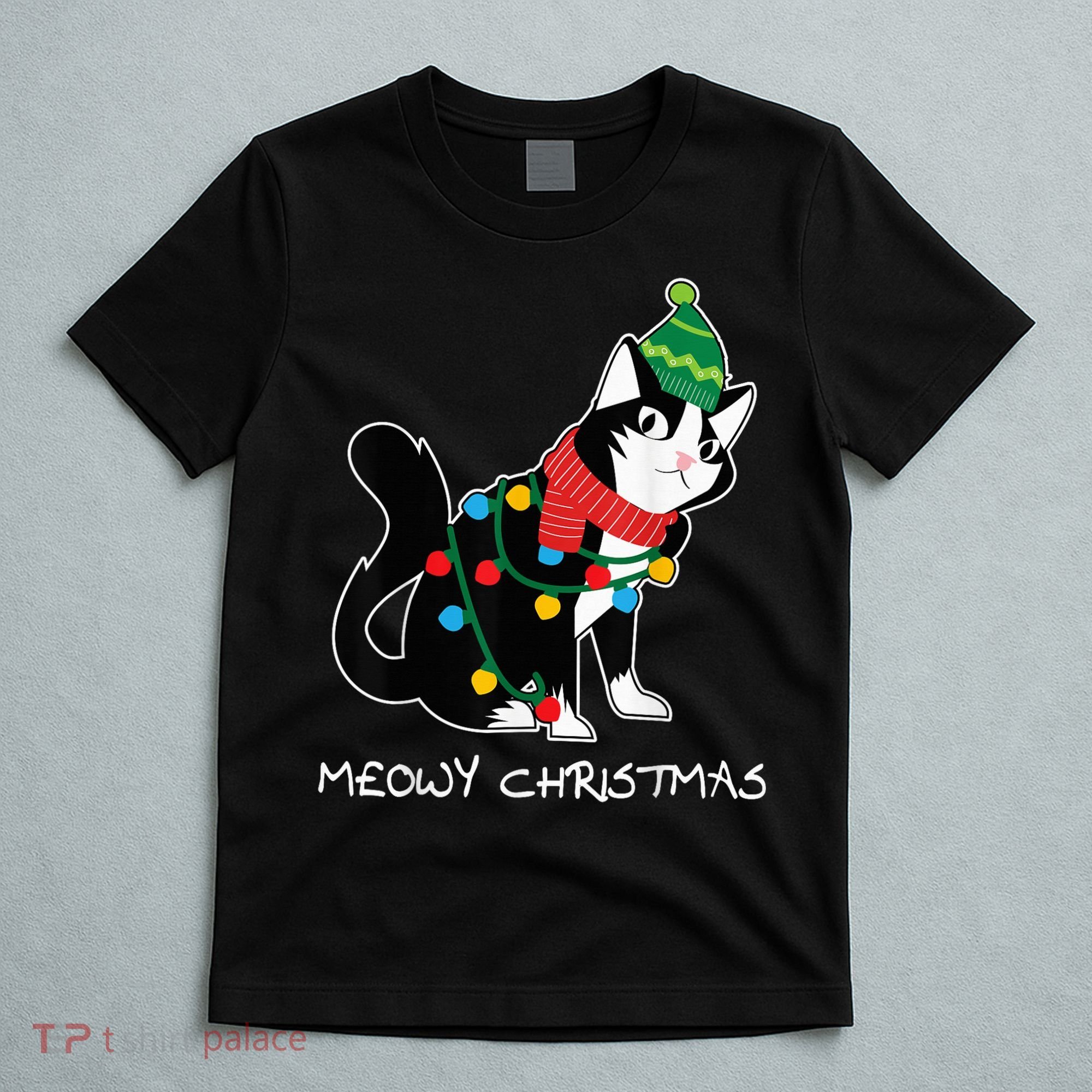 Santa Hat Cat Meowy X-Mas Light Up Funny Christmas Gift T-Shirt