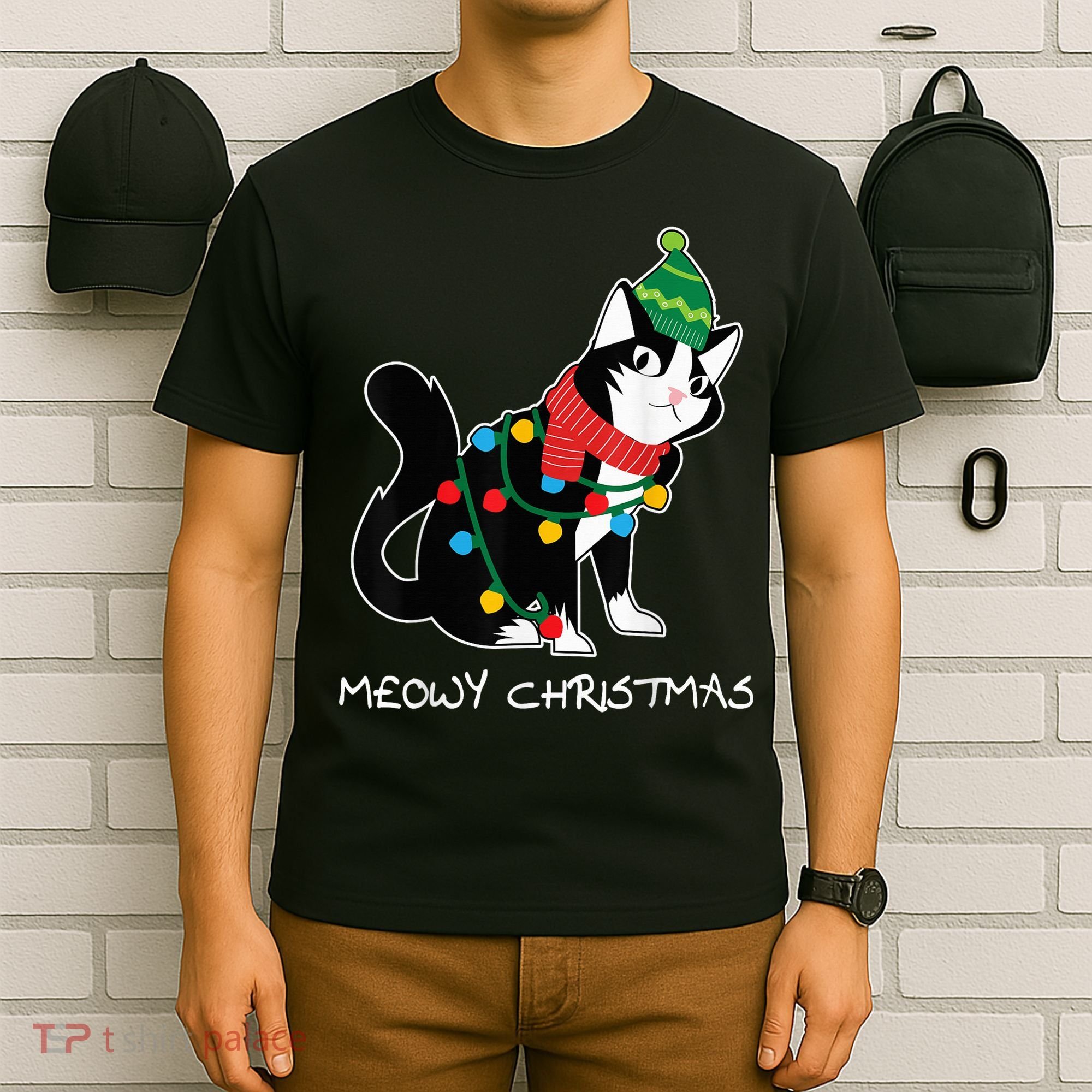 Santa Hat Cat Meowy X-Mas Light Up Funny Christmas Gift T-Shirt