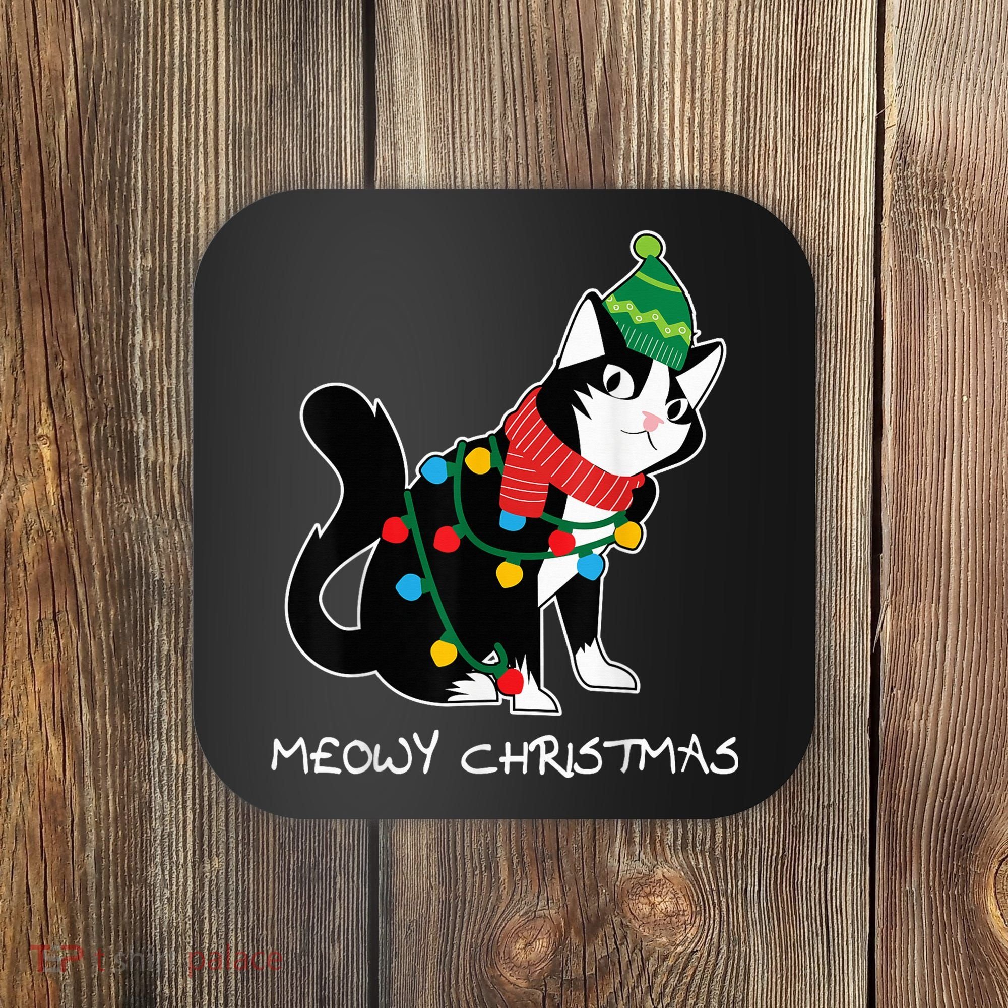 Santa Hat Cat Meowy X-Mas Light Up Funny Christmas Gift Coaster
