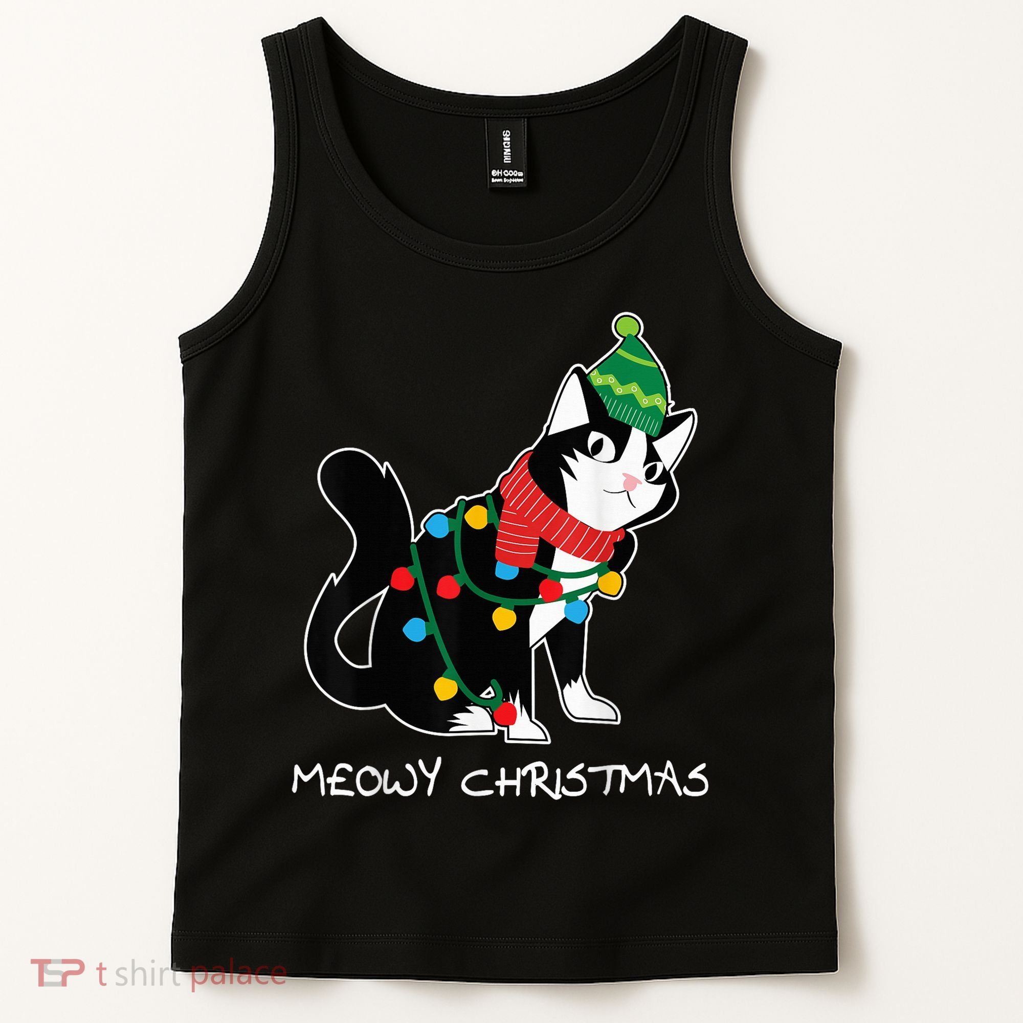 Santa Hat Cat Meowy X-Mas Light Up Funny Christmas Gift Tank Top