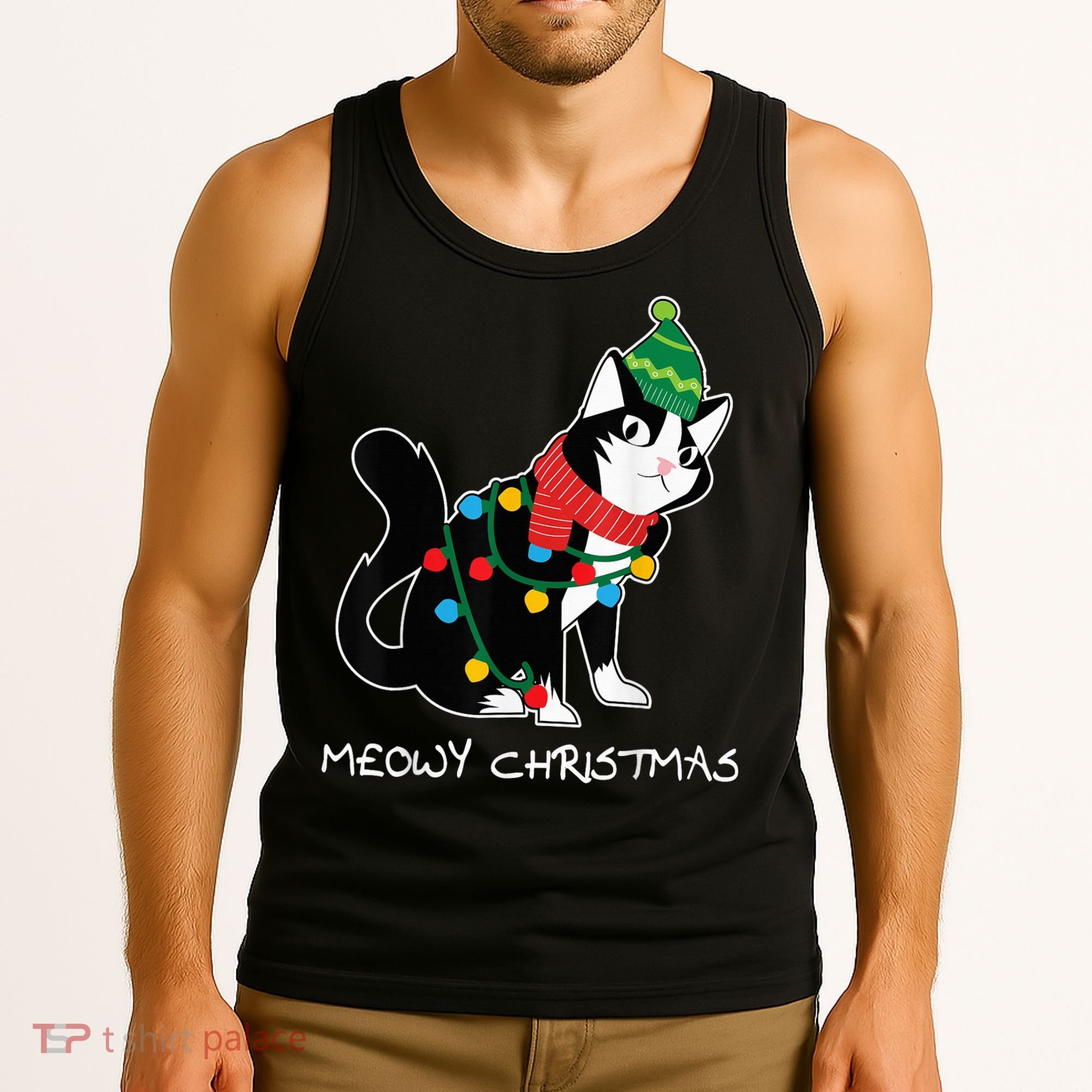 Santa Hat Cat Meowy X-Mas Light Up Funny Christmas Gift Tank Top