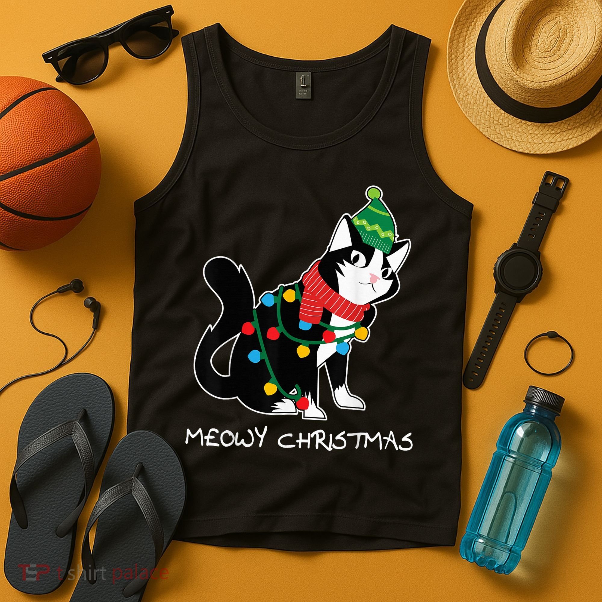 Santa Hat Cat Meowy X-Mas Light Up Funny Christmas Gift Tank Top