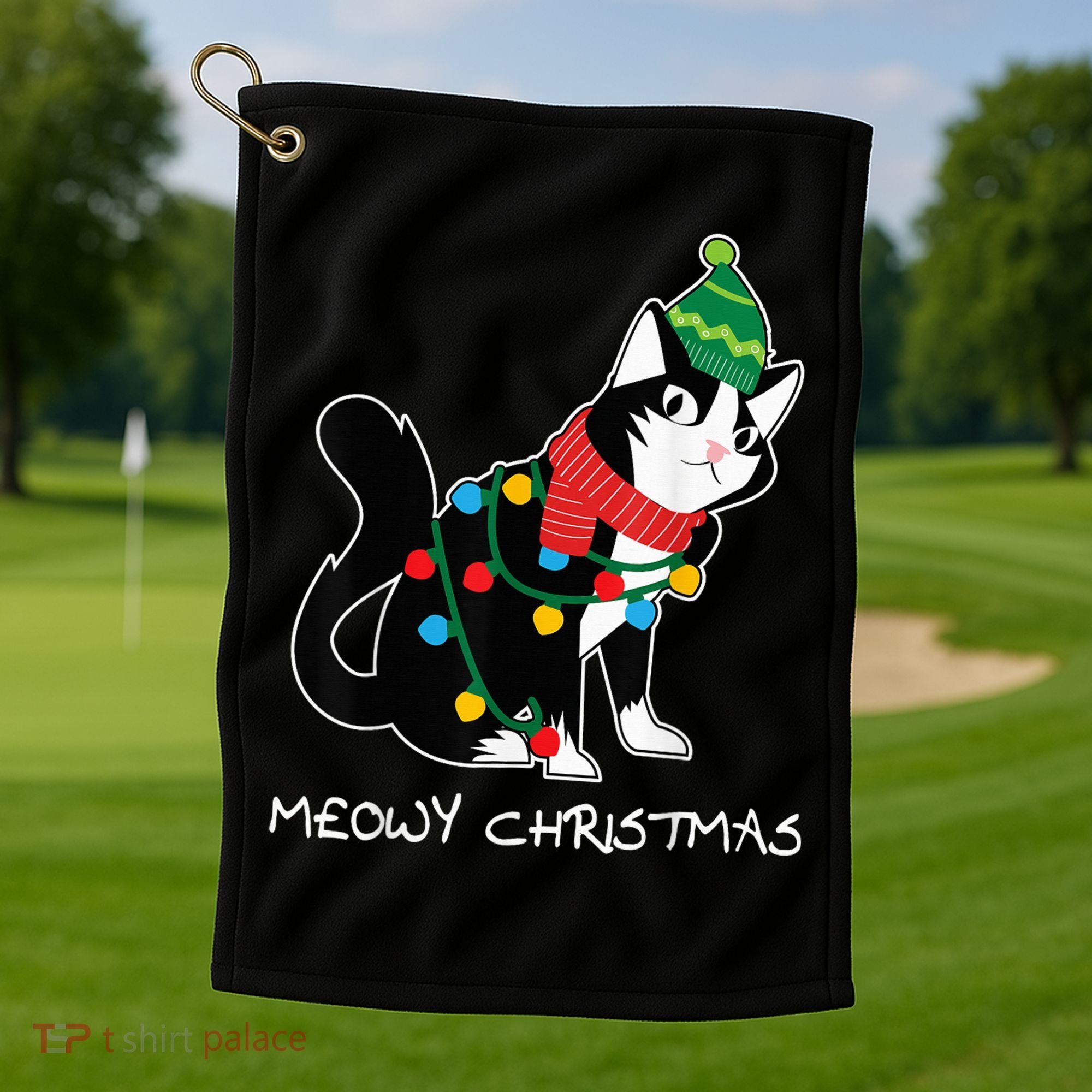 Santa Hat Cat Meowy X-Mas Light Up Funny Christmas Gift Golf Towel